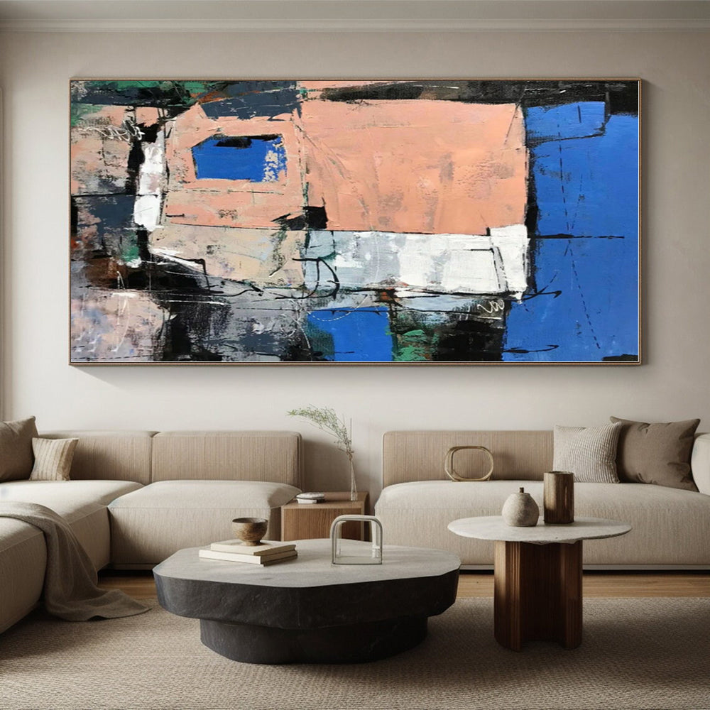 “Blue - Peach Urban Geometry” - Blue, Peach, Gray Abstract Painting On Canvas PS0468