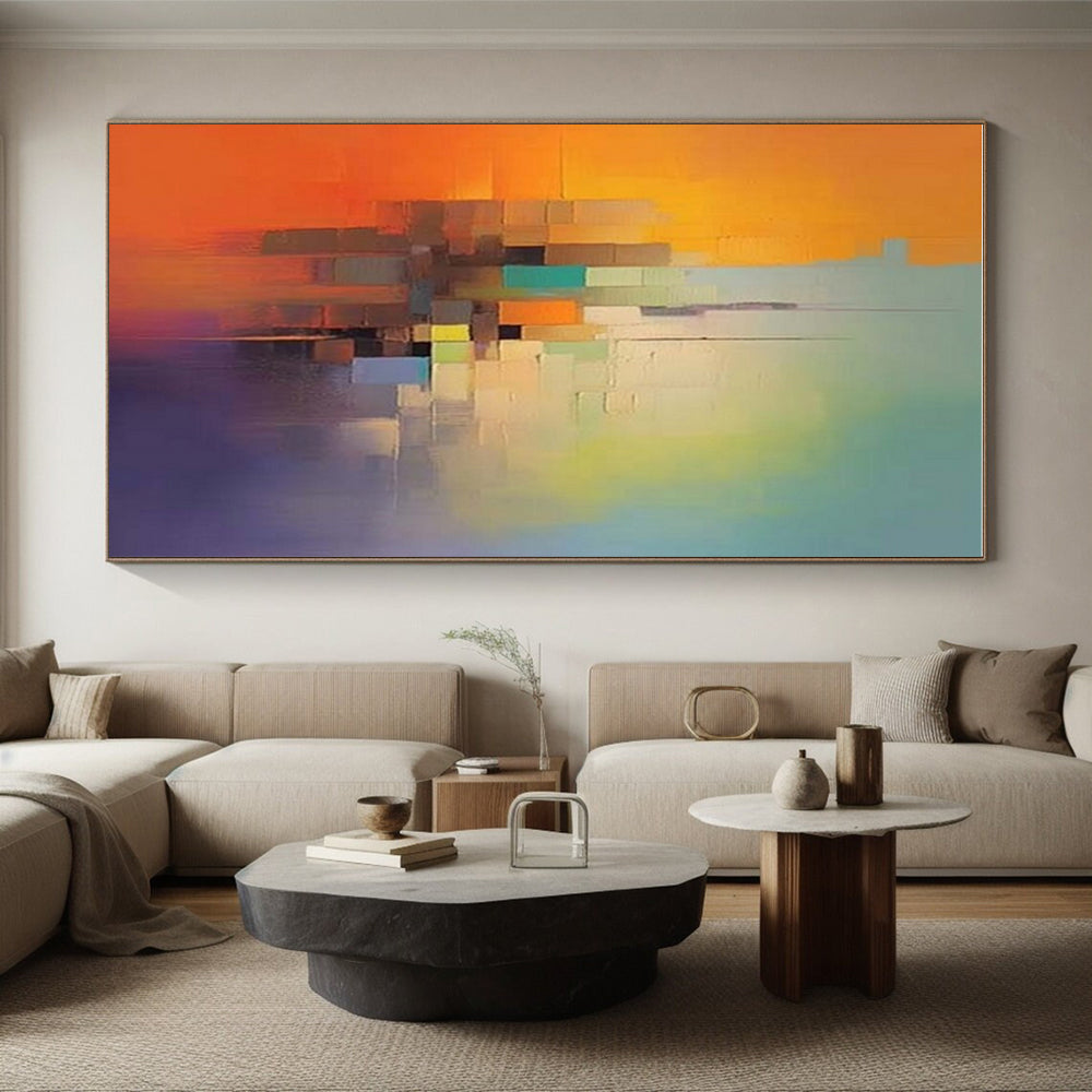 “Color - Blocked Cityscape” - Orange, Green, Blue, Purple Abstract Cityscape Painting On Canvas PS0691