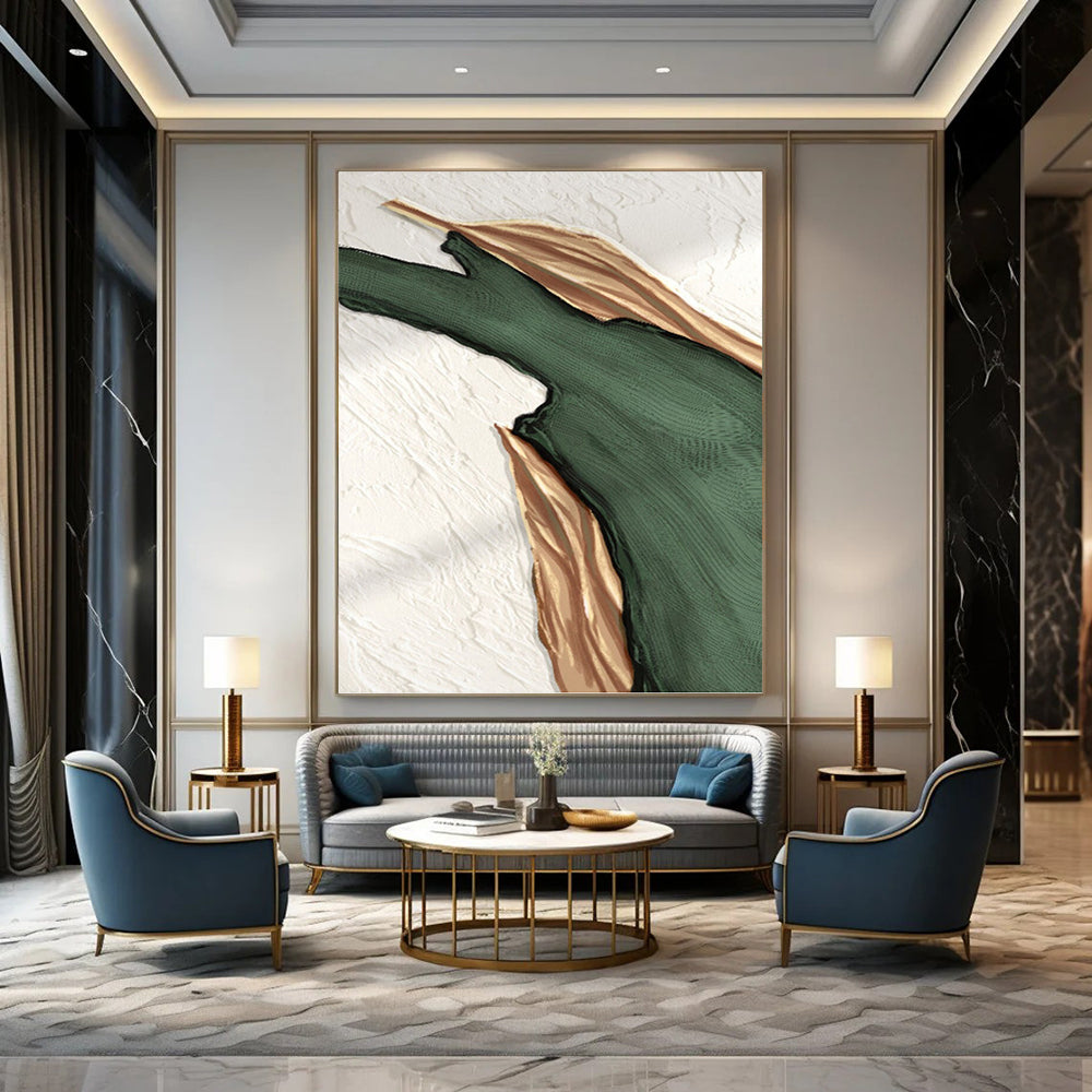 “Green and Gold Abstract Shapes” - Abstract, Metallic - Accented Painting On Canvas PT1507