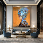 “Blue and Brown Abstract Headpiece on Orange” - Expressive Portrait - Inspired Painting On Canvas DS348