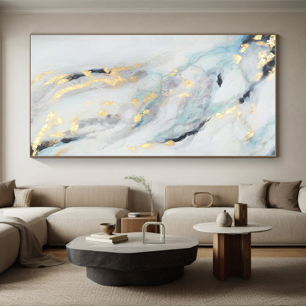“Blue, Gray & Gold Flowing Shapes” - Abstract Painting On Canvas PS0428