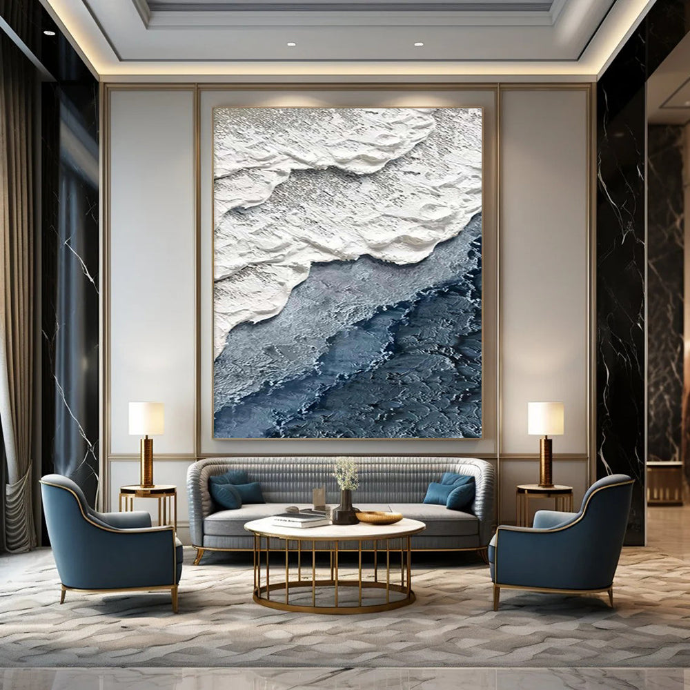 “White and Blue Textured Wave Layers” - Minimalist Ocean Layers Painting On Canvas DS325