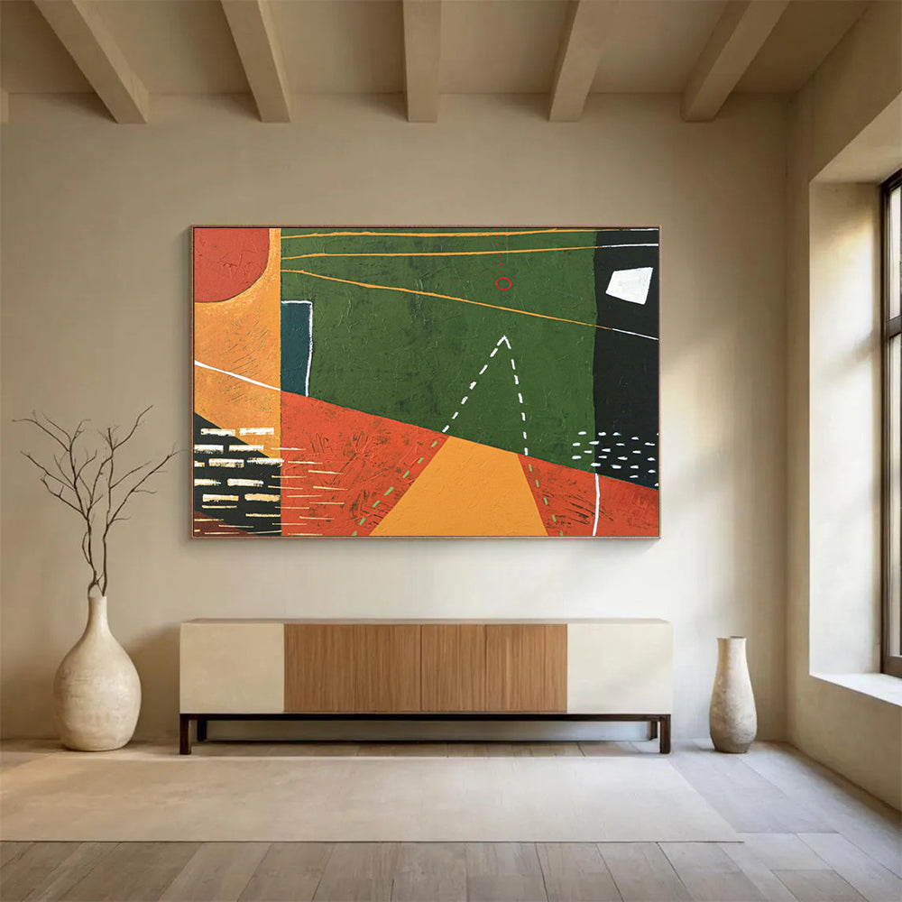 “Geometric Abstraction in Green, Orange, Red” Geometric Abstract Painting On Canvas PT1808