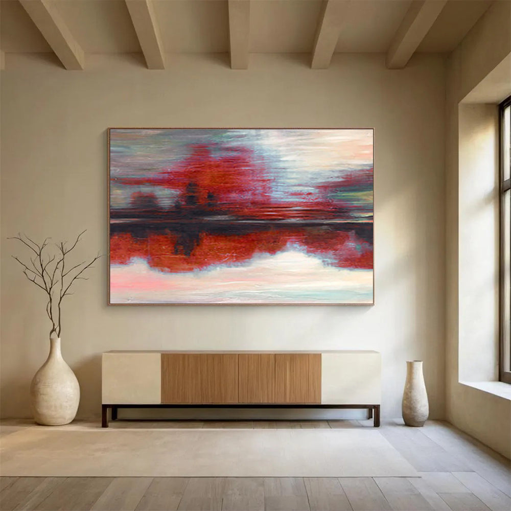 “Red - hued Reflective Abstract” - Mood - evoking Landscape Painting On Canvas DKS384