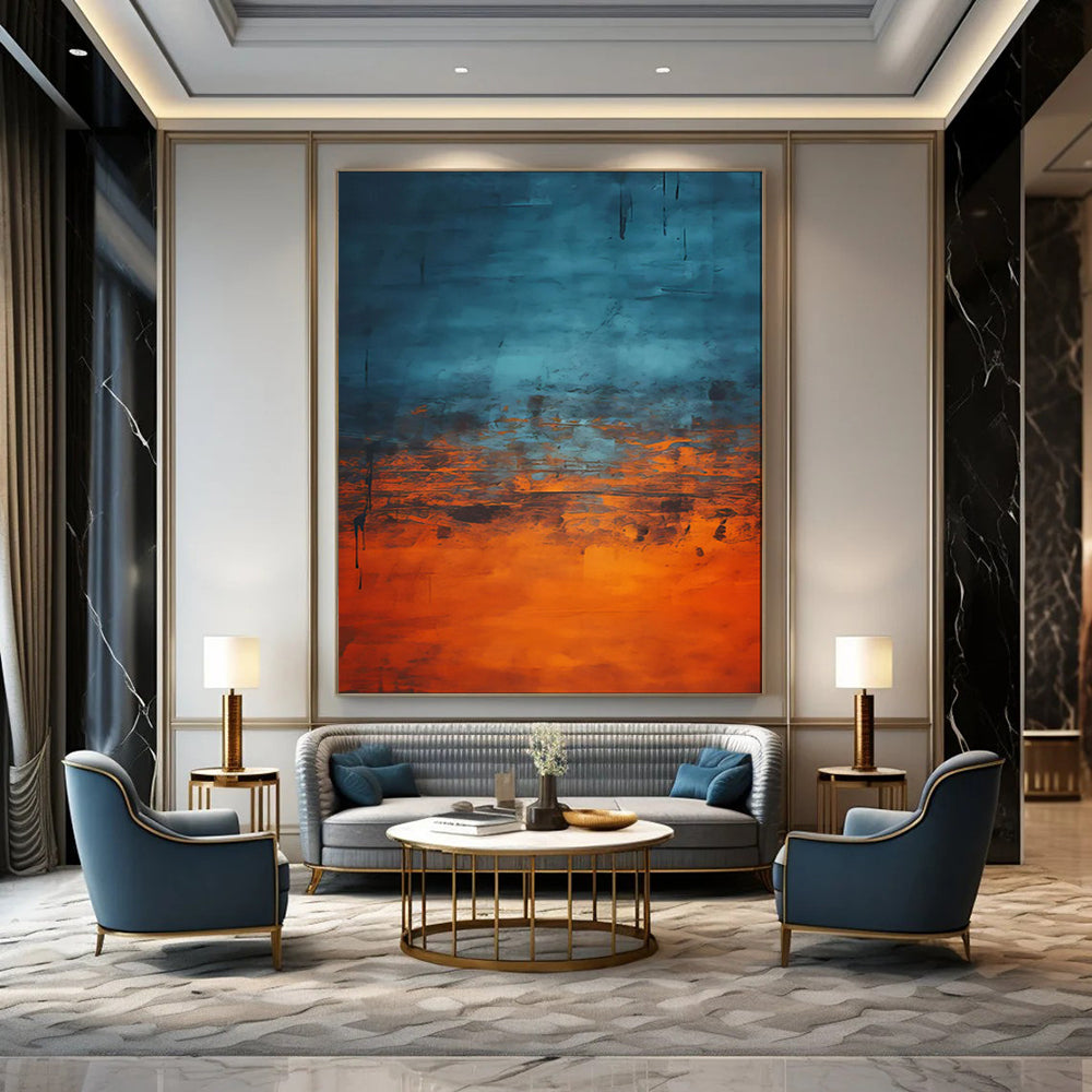 “Blue - Orange Blended Abstract with Dripping Details” - Abstract Expressionist Painting On Canvas PT1944