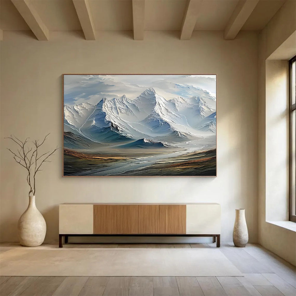 “Snowy Mountain Majesty” - White, Blue & Gray Landscape, Hyper - Realistic Oil Painting On Canvas DKS728