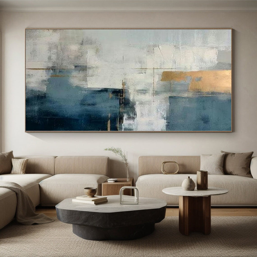 “Repeated Gold - Accented Blue - Grey Abstract” - Contemporary Abstract Painting On Canvas PS0248