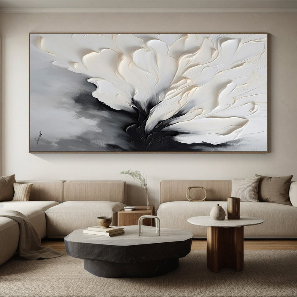 “Monochrome Floral Impasto” - White, Gray, Black Textured Floral Painting On Canvas PS0768