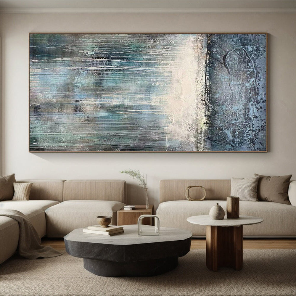 “Gray - Blue Dripping Landscape” - Gray, Blue Abstract Painting On Canvas PS0467