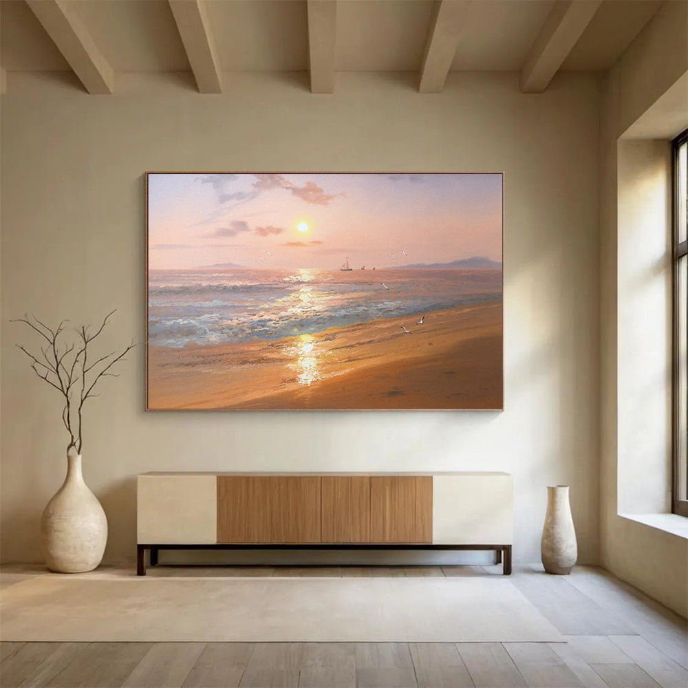 “Orange - Pink Sunset Seaside” - Impressionistic Landscape Painting On Canvas PT269
