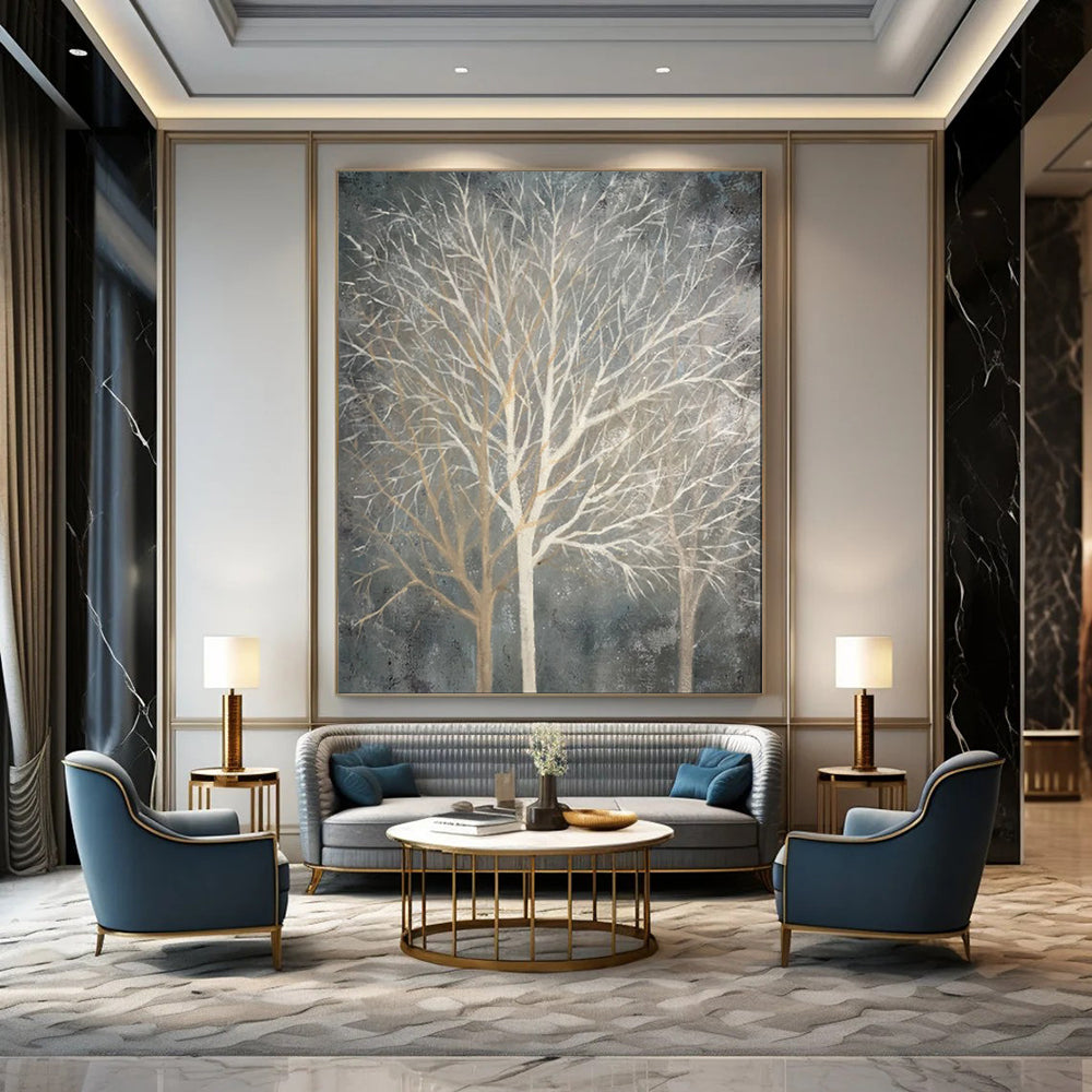 “Gray - Toned Bare Tree Silhouettes” - Abstract Winter Painting On Canvas PT1887