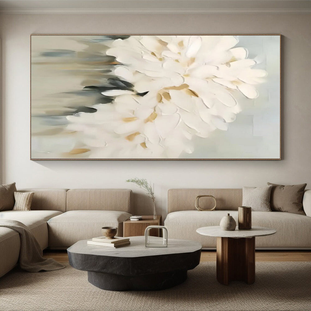 “White - Gray - Gold Floral Abstraction” - White, Gray, Gold Abstract Painting On Canvas PS0543