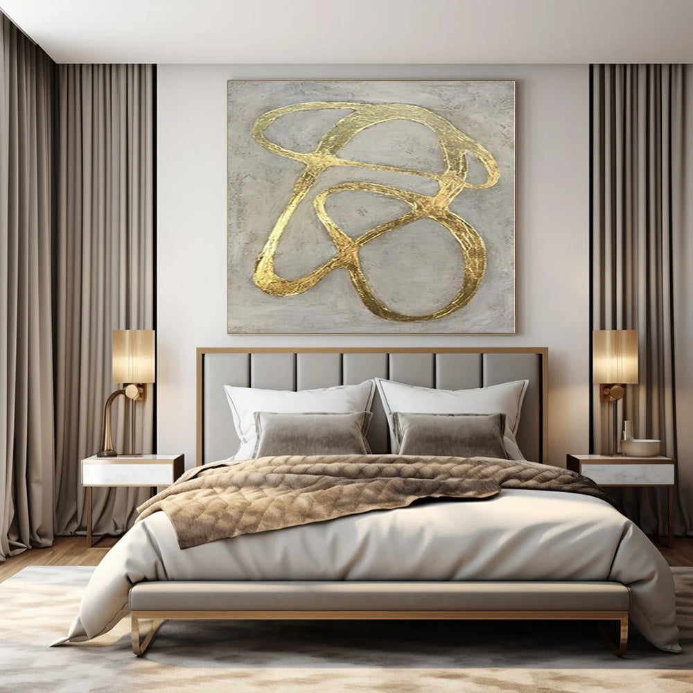 Gray with Gold Curved Lines "Elegant Twist" Luxe Abstract Painting On Canvas PS1097