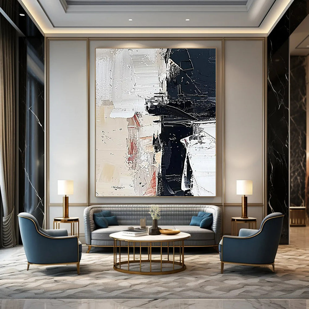 “Black, White, and Red Abstract Fusion” - Abstract Expressionist Painting On Canvas PT2366