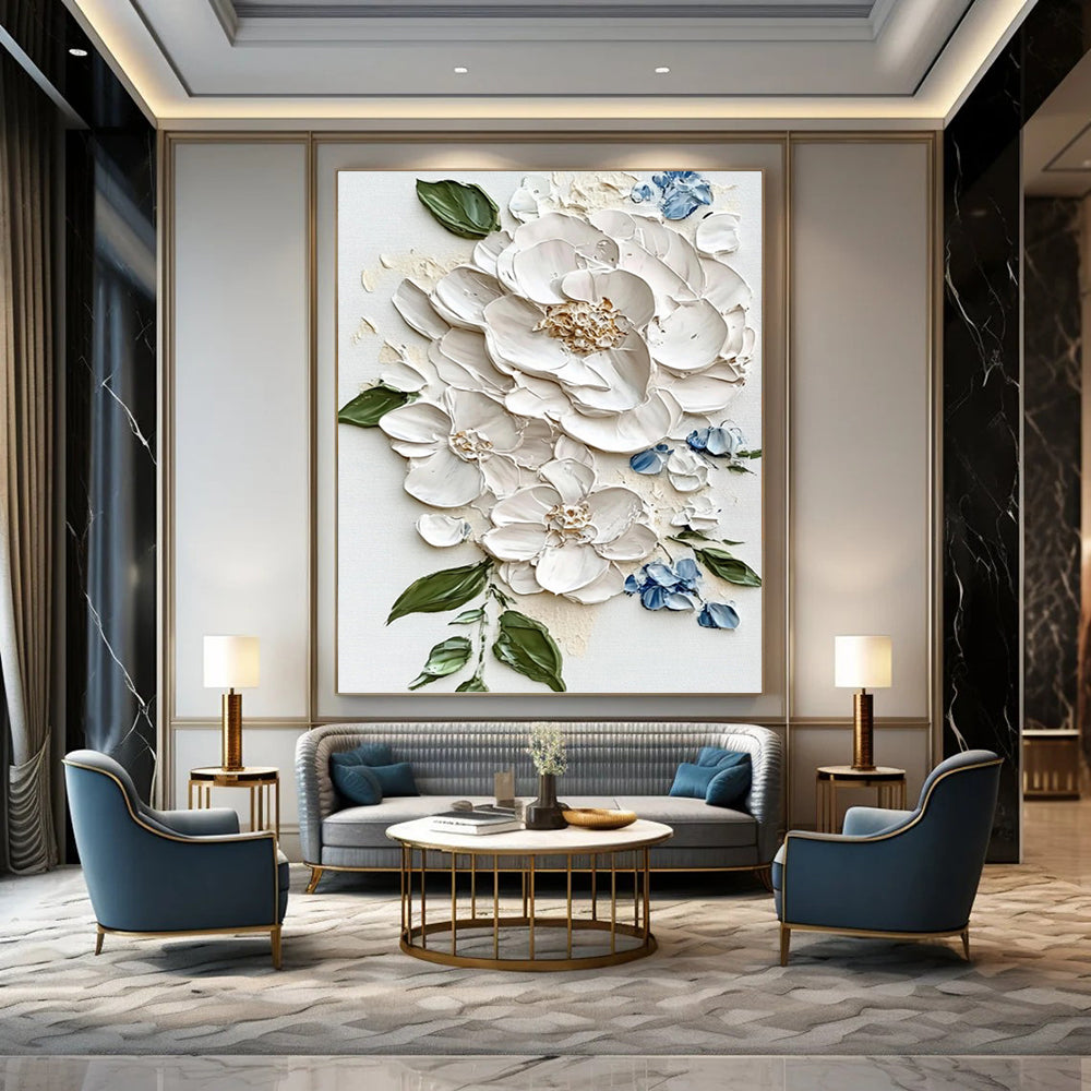 “White - Blue Floral Relief” - Realist - Inspired Floral Painting On Canvas PT1388