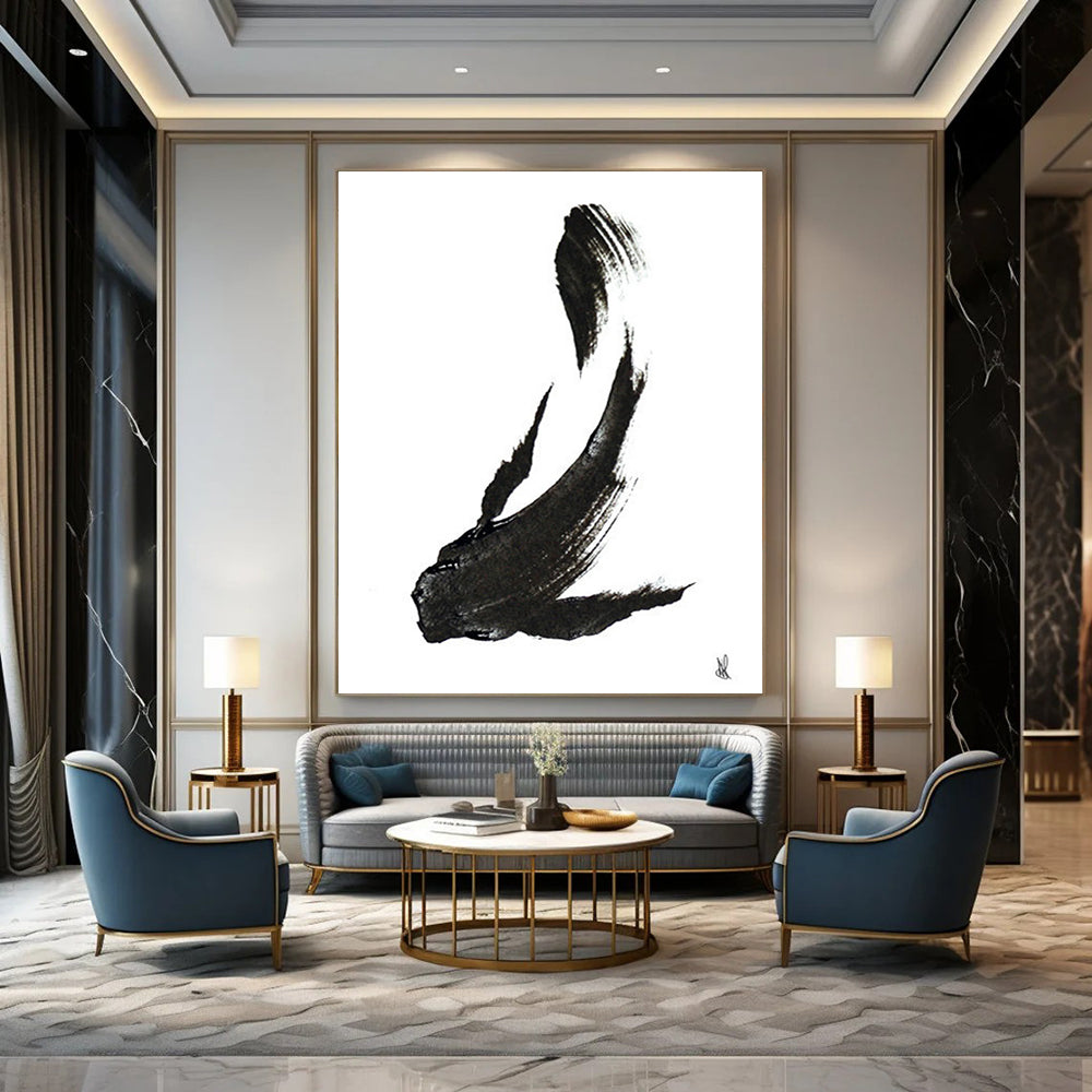 “Ink Fish Silhouette” - Bold Black Brushstrokes on White Canvas Painting On Canvas DS181
