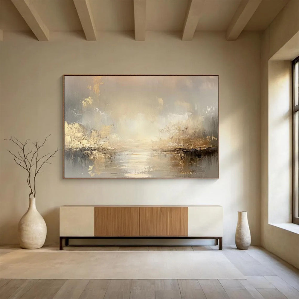 Golden River Mist - Ethereal Landscape Painting On Canvas DKS323