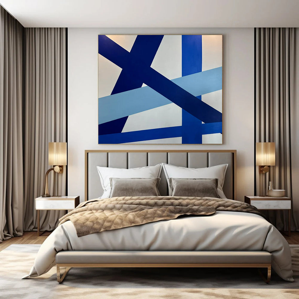 Blue and White Geometric, "Dynamic Crossroads" – Geometric Abstract Painting On Canvas PS0995
