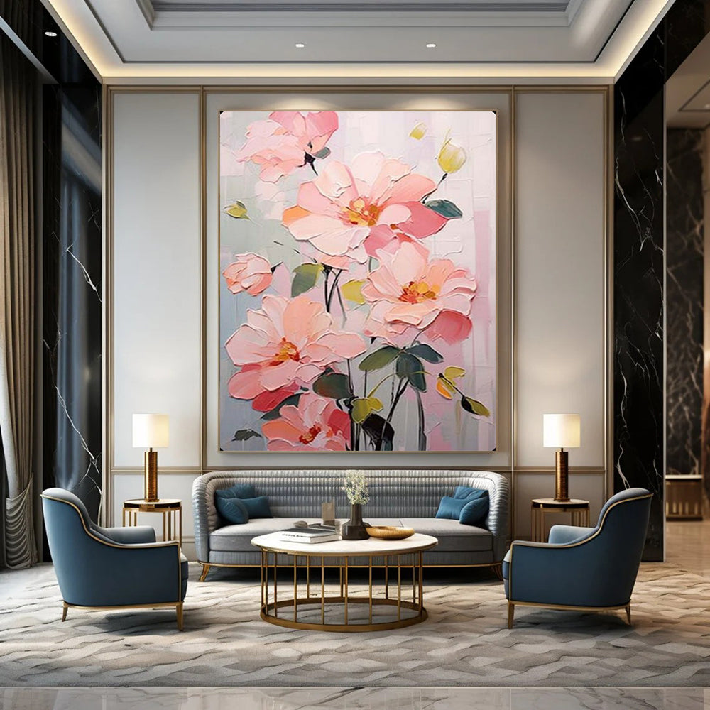 Pink Peach Blooms with Impasto Texture, Inspired by Claude Monet's Style, Floral Painting On Canvas PT2123