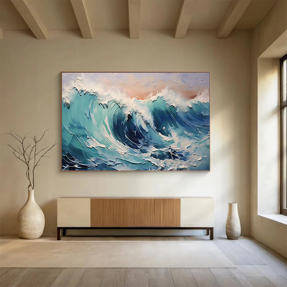 Turquoise Tide - Impasto Sea Oil Painting, Ideal for Coastal Bedroom & Patio DKS679