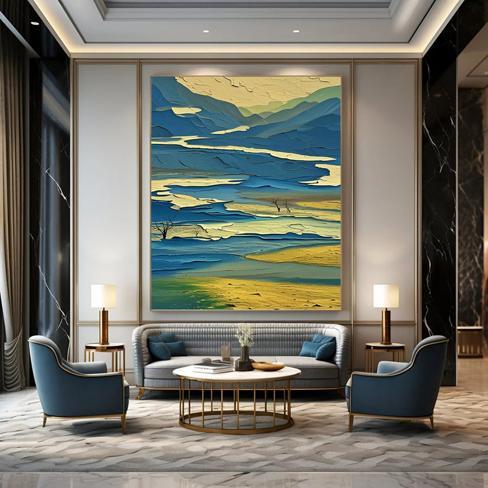“Layered Blue - Yellow Landscape: Abstract Mountain Art” - Vibrant Geometric Painting On Canvas PT0963