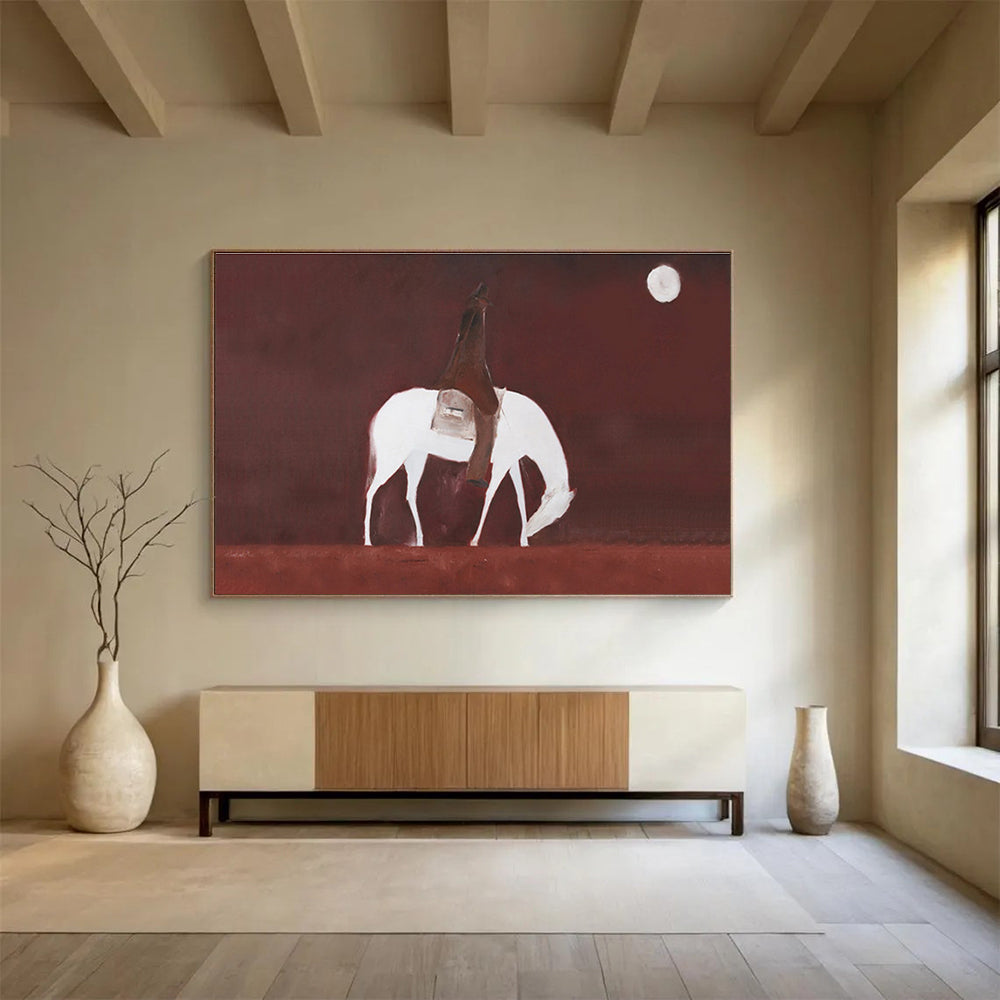 “Moonlit Rider” - Red, White & Brown Figurative, Minimalist Oil Painting On Canvas DKS732
