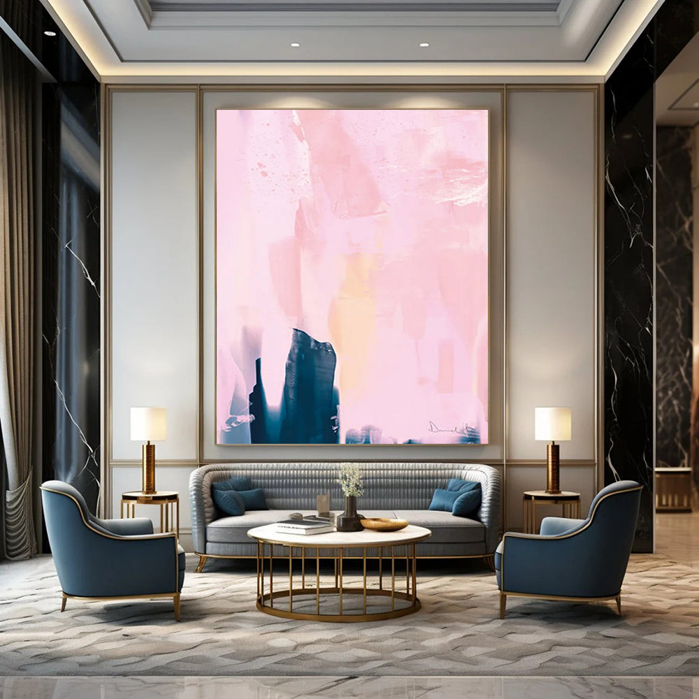“Blush & Indigo Layered Abstraction” - Pastel Pinks & Deep Blues Painting On Canvas DS180