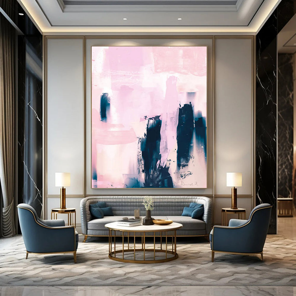 “Pink & Indigo Abstract Towers” - Soft Hues & Bold Forms Painting On Canvas DS179