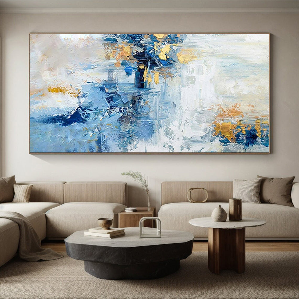 “Blue - Gold Abstract Fusion” - Blue, White, Gold Abstract Expressive Painting On Canvas PS0643