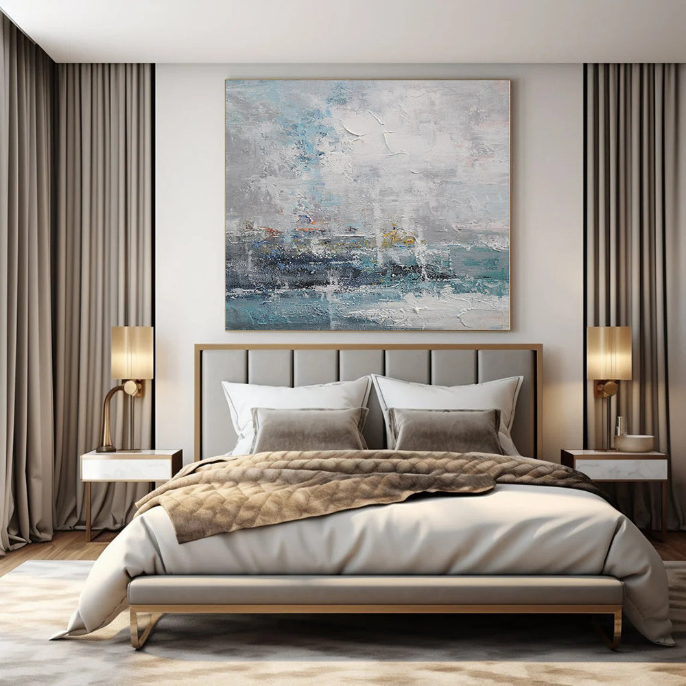Blue, Gray and White with Textured Layers "Coastal Mist" Abstract Landscape Painting On Canvas PS1117