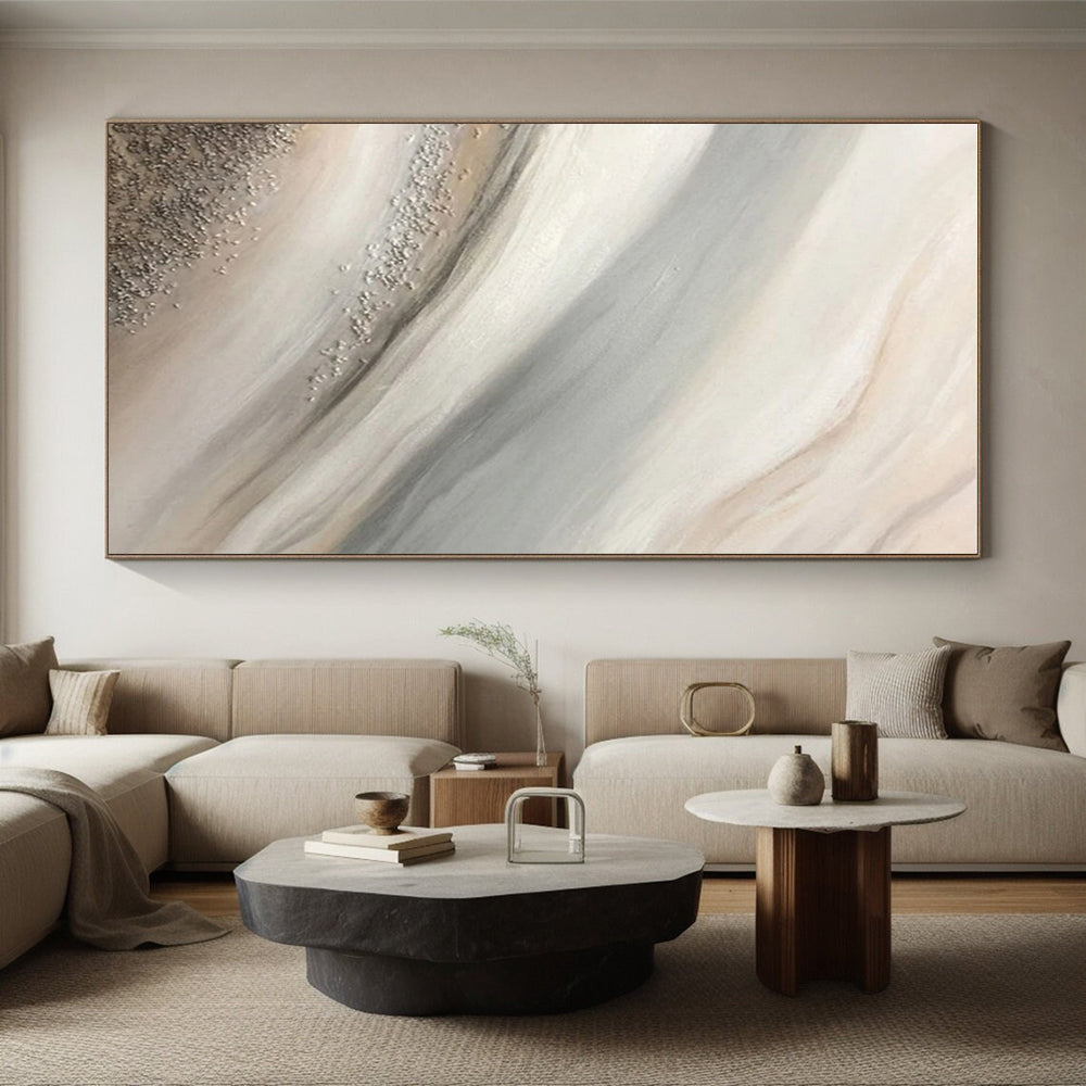 “Soft Silver - Beige Flow” - Silver, Beige, Gray Abstract Fluid Painting On Canvas PS0652