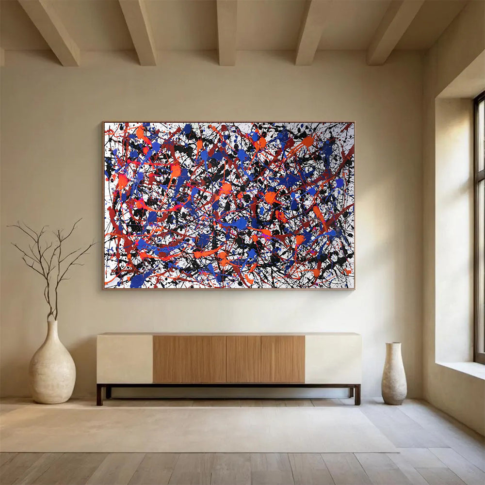 “Blue - Red - Black Splatter” - Abstract Action - Painting On Canvas PT1728