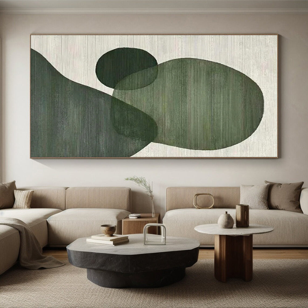 “Green Geometric Shapes” - Green, White Abstract Geometric Painting On Canvas PS0593
