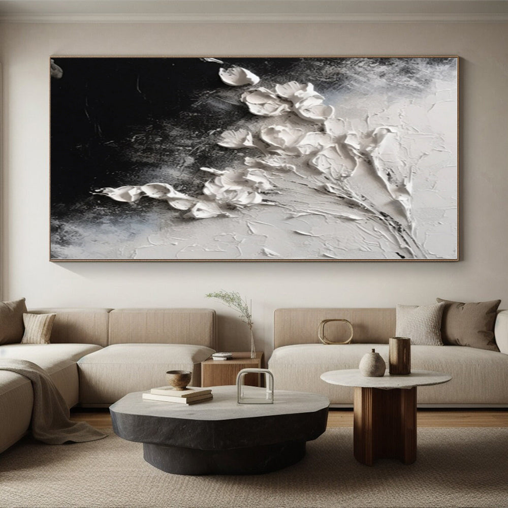 “White Flowers on Black Textured” - White, Black Abstract Textured Floral Painting On Canvas PS0580