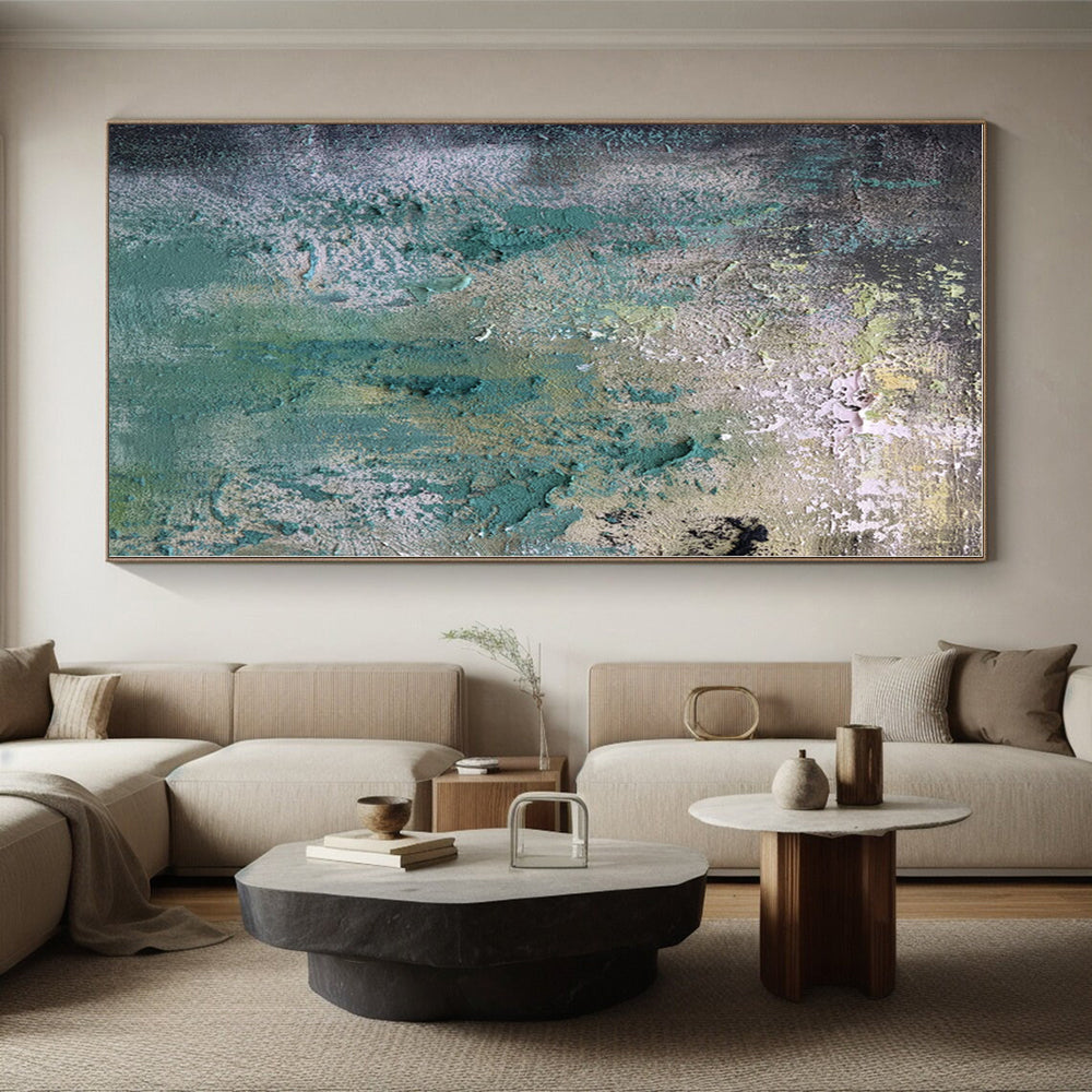 “Teal - Green Textured Wall - like” - Teal, Green, Gray Abstract Textured Painting On Canvas PS0578