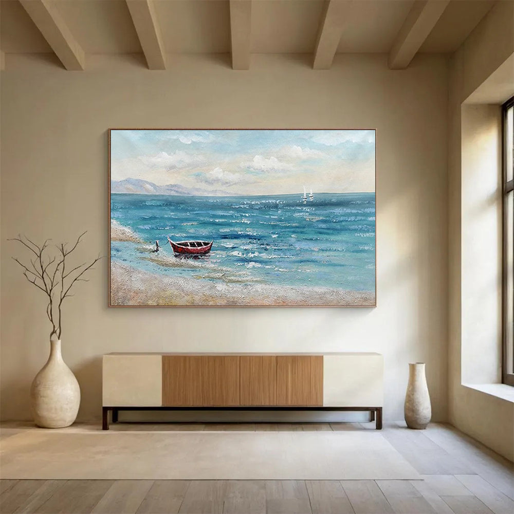 “Red Boat Coastal Calm” - Seaside Landscape Painting On Canvas PT224