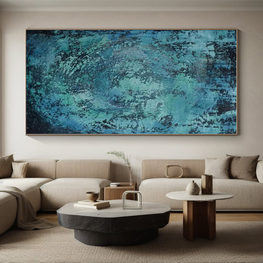 “Teal - Black Textured Abstraction” - Teal, Black Abstract Painting On Canvas PS0464