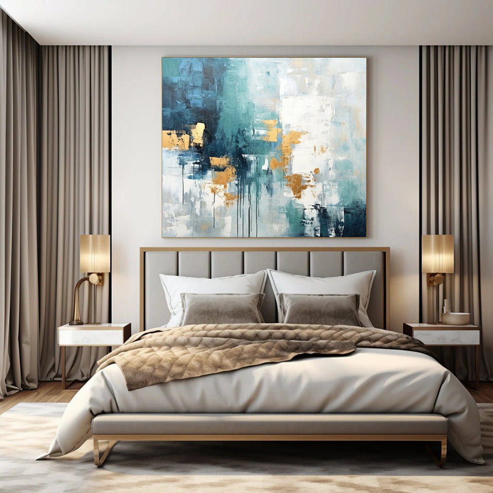 Teal, Gold, and White, "Aqua Gleam" – Abstract Expressionist Painting On Canvas PS1039