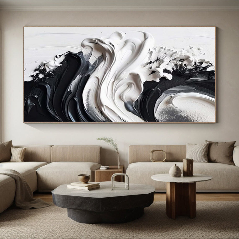 “Sleek Black - and - White Textured Abstract” - Contemporary Abstract Painting On Canvas PS0241