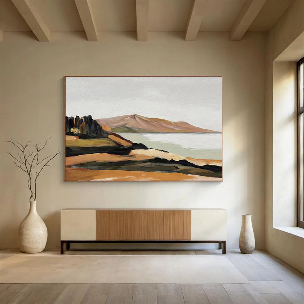 “Minimalist Coastal View” - Brown, Green & Blue Landscape, Modern Oil Painting On Canvas DKS729