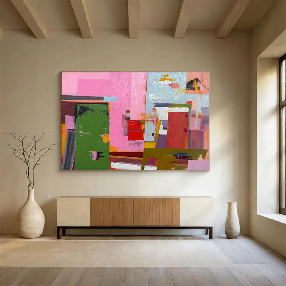 “Vibrant Geometric Abstraction in Pink, Green & Colorful Shapes” - Cubist - Style Modern Painting On Canvas PT013
