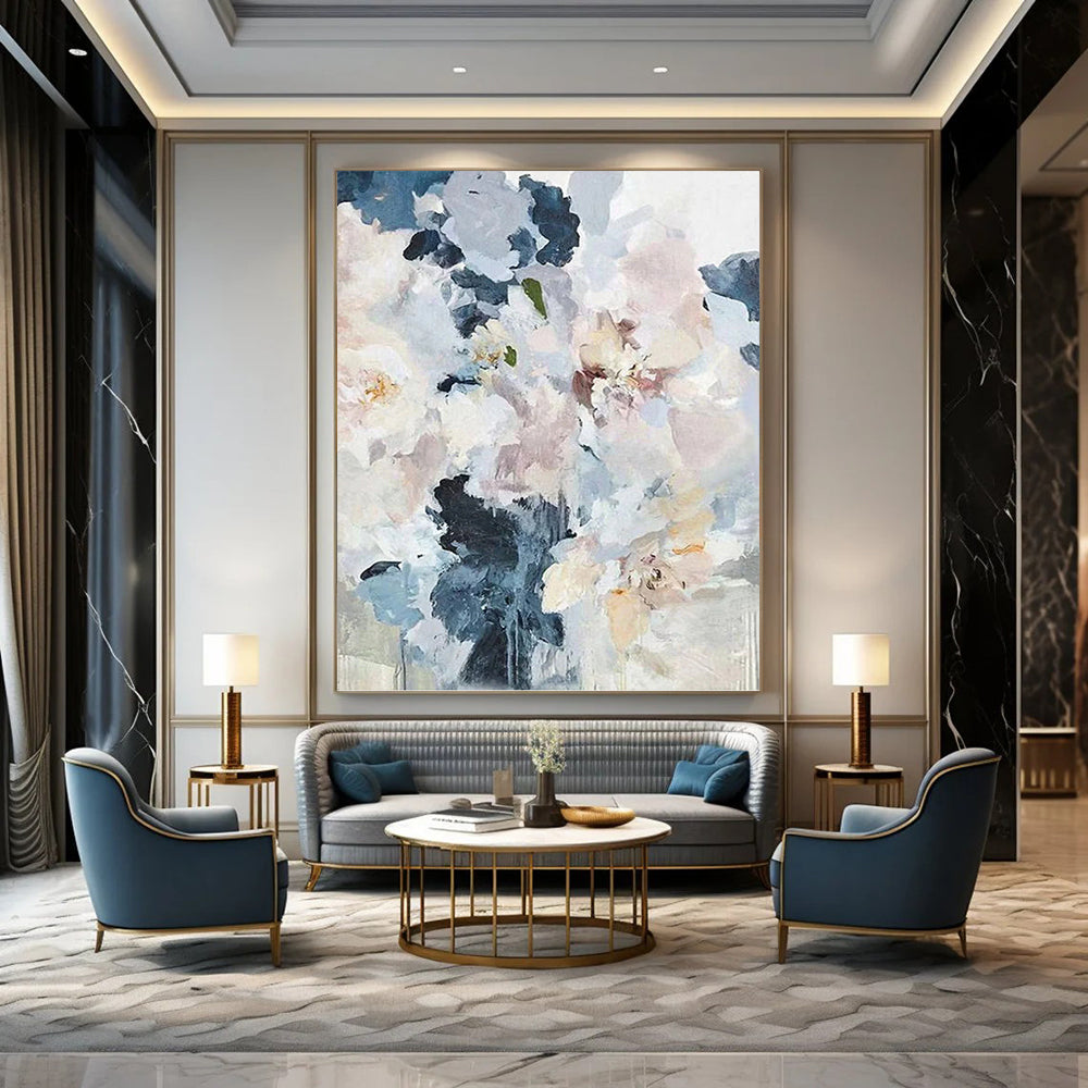 “Soft Floral Bouquet: Blue and White Abstract Flowers” - Impressionistic Floral Painting On Canvas PT0929