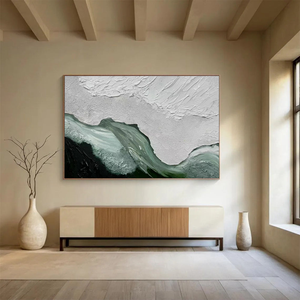 “Textured White - Green Abstraction” - White, Green & Black Abstract, Impasto Acrylic Painting On Canvas DKS744