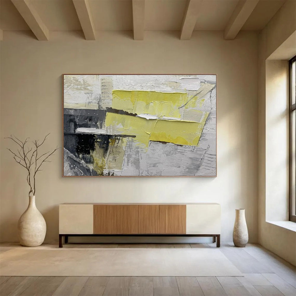 “Yellow and Gray Abstract Collage” - Abstract Mixed - Media Painting, Perfect for Office & Studio DKS595