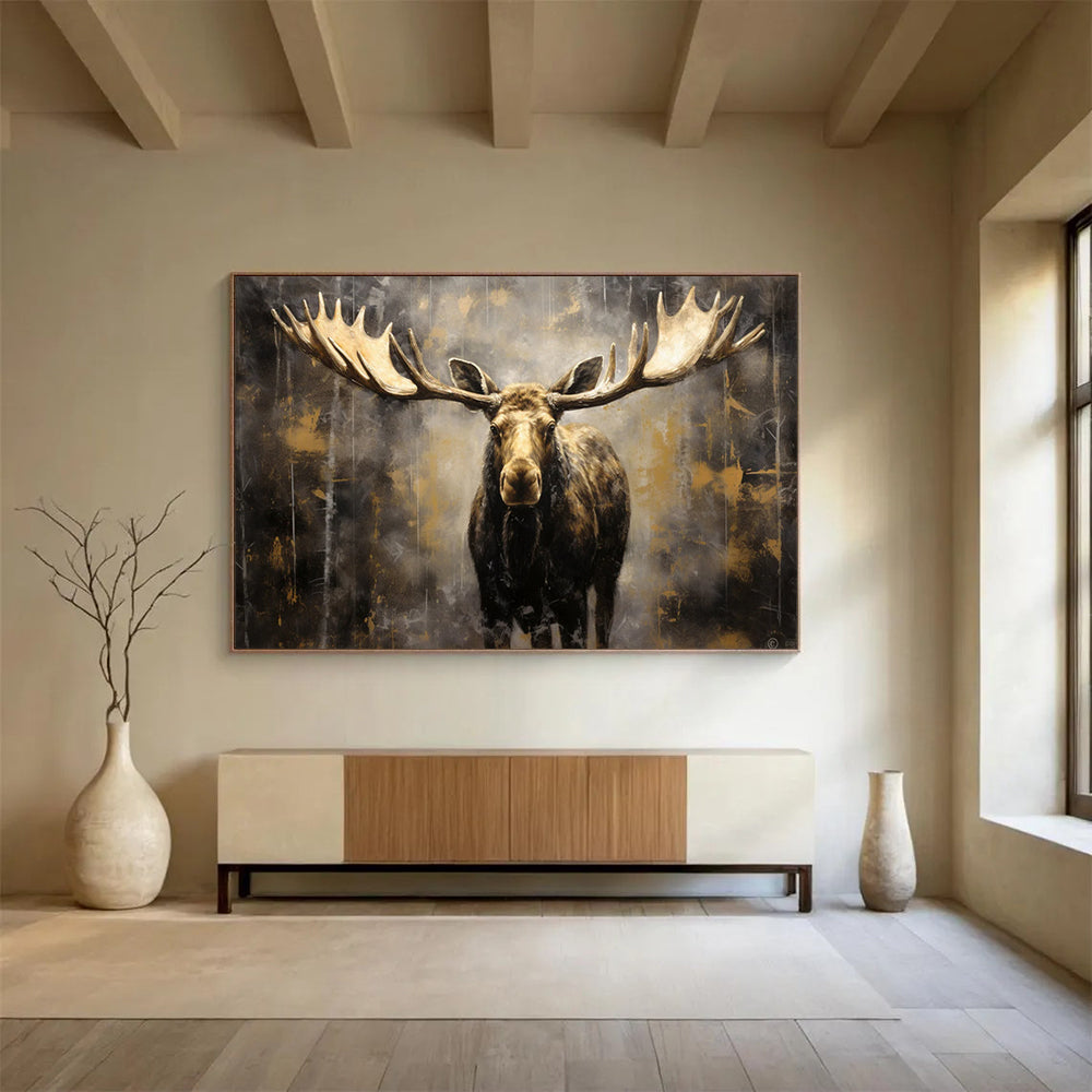 “Gold and Brown Moose in Mist” - Dramatic Wildlife Painting On Canvas PT079