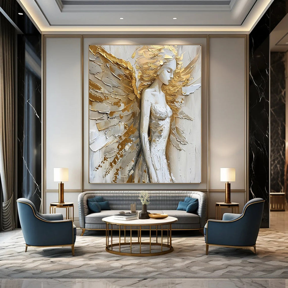 Gold & White Winged Figure, Textured Impressionism, Painting On Canvas PT2138