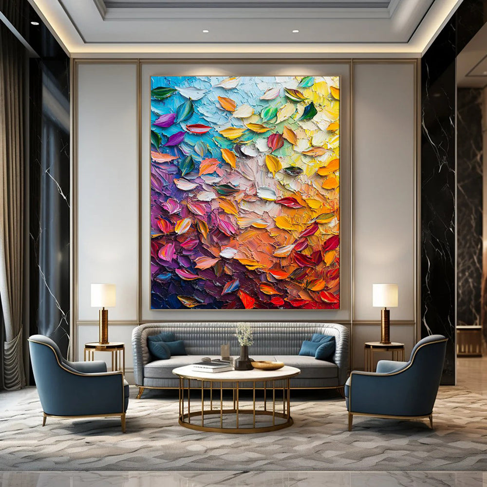 “Colorful Impasto Leaf Collage” - Abstract Painting On Canvas PT2071