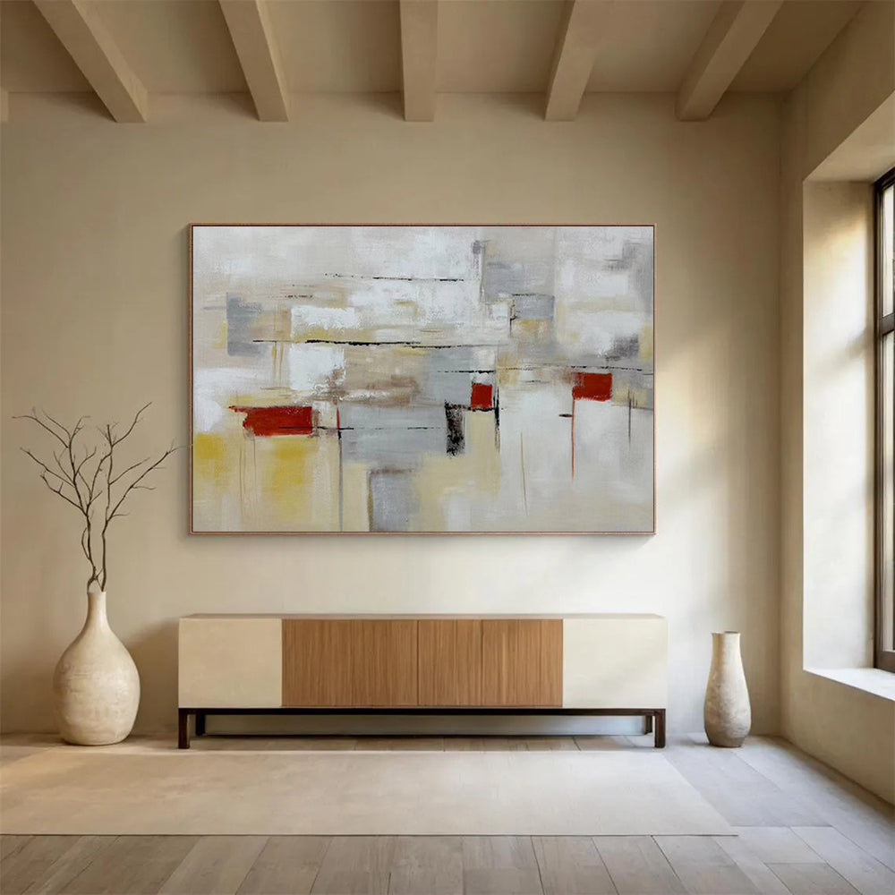 “Neutral - Toned Abstract City” - Gray, Yellow & Red Abstract, Urban - Inspired Oil Painting On Canvas DKS750
