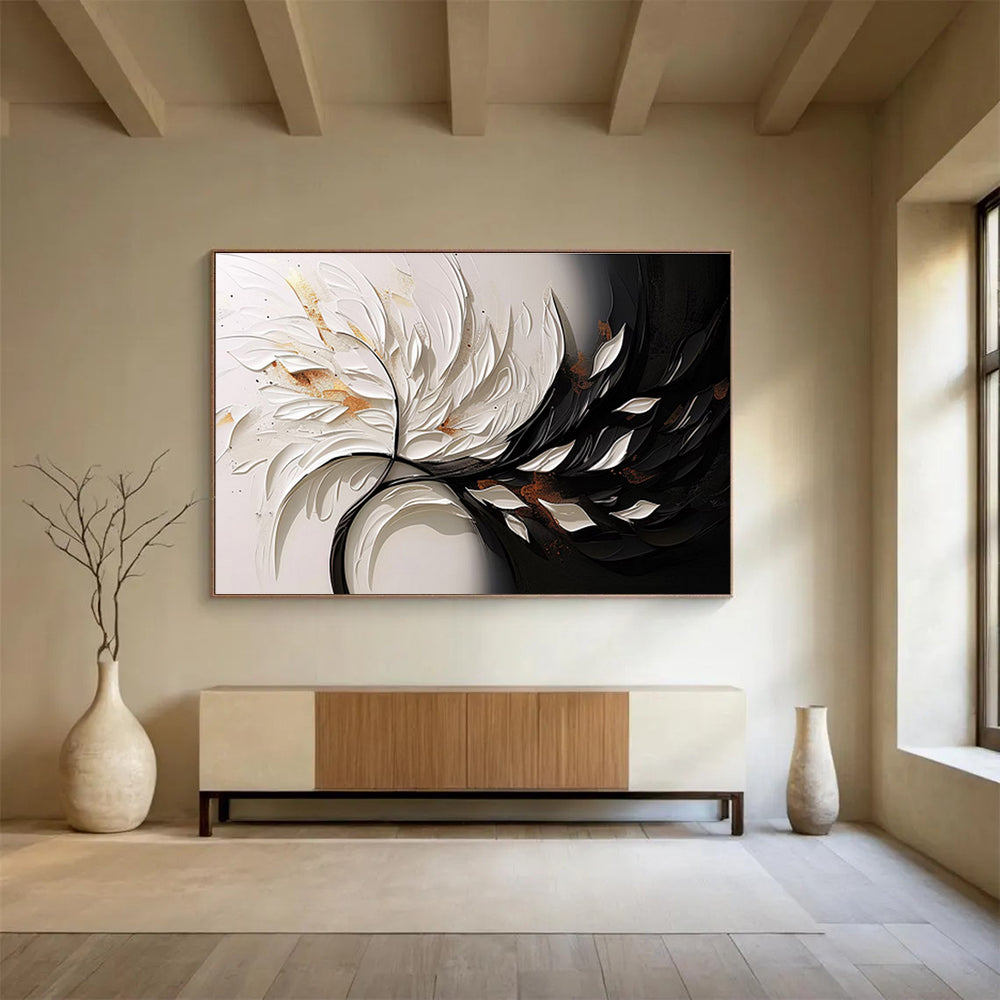 “3D Floral Contrast” - White, Black & Gold Floral, Textured Mixed - Media Painting On Canvas DKS746