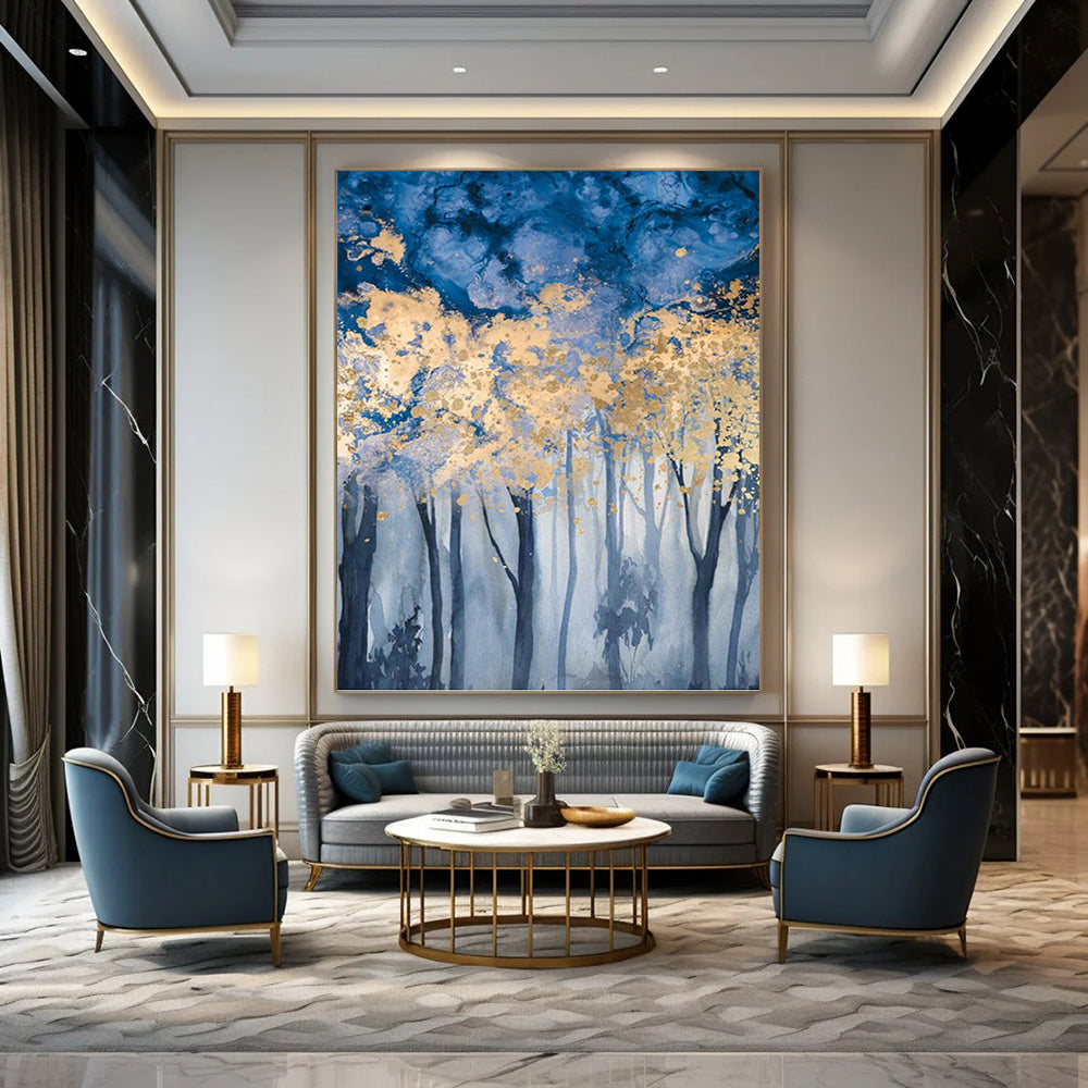 “Blue - Gold Forest: Dreamy Landscape” - Watercolor - Style Painting On Canvas PT0936